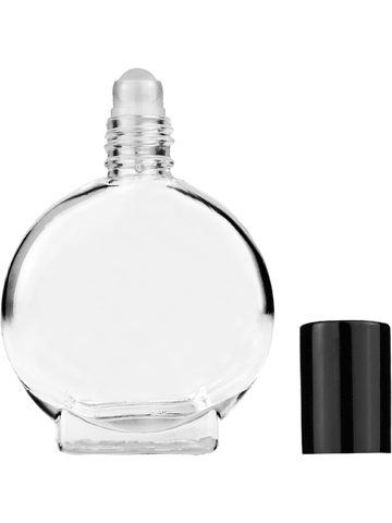Circle design 15ml, 1/2oz Clear glass bottle with plastic roller ball plug and black shiny cap.