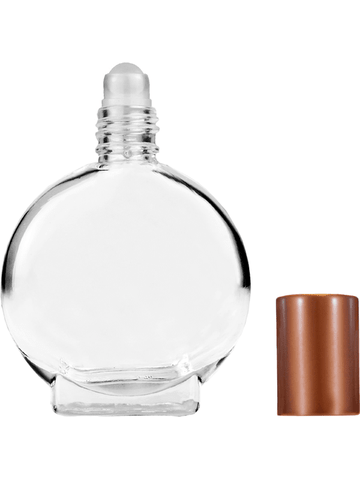 Circle design 15ml, 1/2oz Clear glass bottle with plastic roller ball plug and matte copper cap.