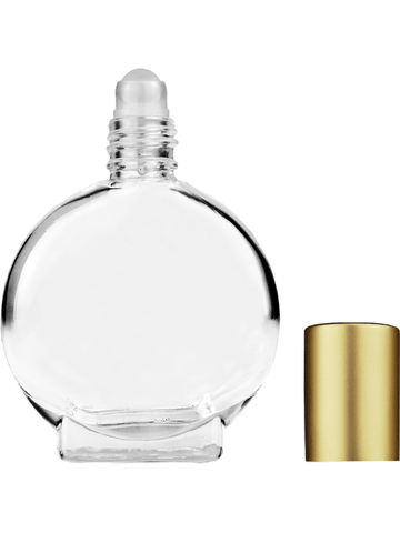 Circle design 15ml, 1/2oz Clear glass bottle with plastic roller ball plug and matte gold cap.