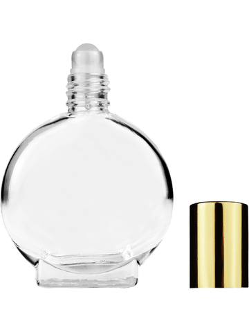 Circle design 15ml, 1/2oz Clear glass bottle with plastic roller ball plug and shiny gold cap.