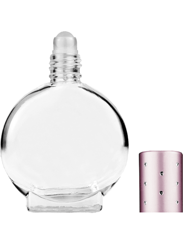Circle design 15ml, 1/2oz Clear glass bottle with plastic roller ball plug and pink cap with dots.