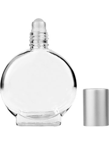 Circle design 15ml, 1/2oz Clear glass bottle with plastic roller ball plug and matte silver cap.