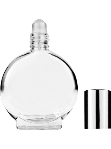 Circle design 15ml, 1/2oz Clear glass bottle with plastic roller ball plug and shiny silver cap.