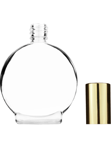 Circle design 30 ml, clear glass bottle with shiny gold and cap.