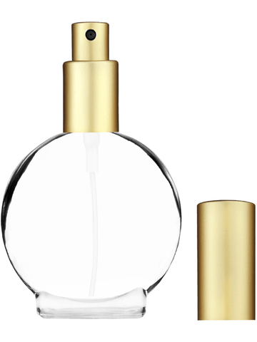 Circle design 30 ml, clear glass bottle with sprayer and matte gold cap.