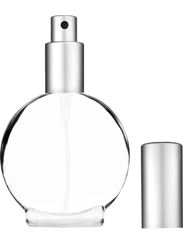 Circle design 30 ml, clear glass bottle with sprayer and matte silver cap.