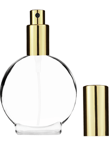 Circle design 30 ml, clear glass bottle with sprayer and shiny gold cap.