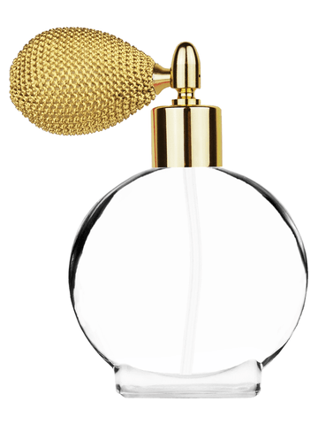 Circle design 50 ml, 1.7oz  clear glass bottle  with gold vintage style sprayer with shiny gold collar cap.