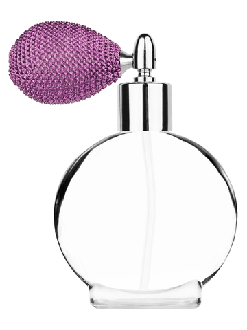Circle design 50 ml, 1.7oz  clear glass bottle  with lavender vintage style bulb sprayer with shiny silver collar cap.