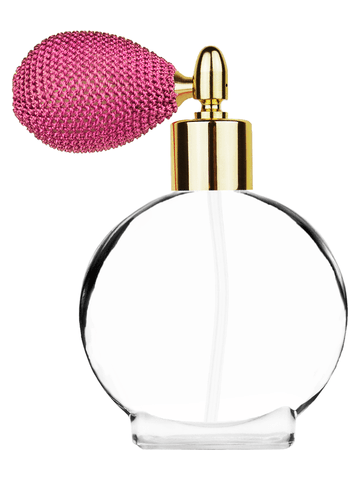 ***OUT OF STOCK***Circle design 50 ml, 1.7oz  clear glass bottle  with pink vintage style bulb sprayer with shiny gold collar cap.