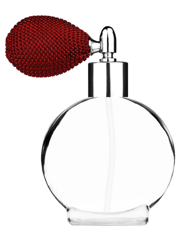 Circle design 50 ml, 1.7oz  clear glass bottle  with red vintage style bulb sprayer with shiny silver collar cap.
