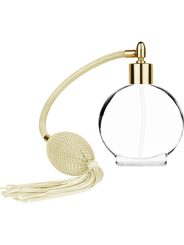 Circle design 50 ml, 1.7oz  clear glass bottle  with Ivory vintage style bulb sprayer with tassel and shiny gold collar cap.