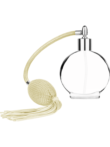 Circle design 50 ml, 1.7oz  clear glass bottle  with Ivory vintage style bulb sprayer with tassel and shiny silver collar cap.