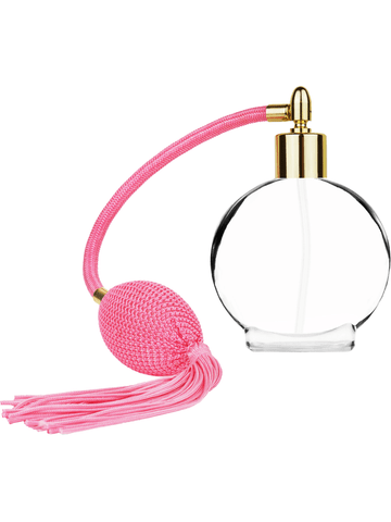 Circle design 50 ml, 1.7oz  clear glass bottle  with Pink vintage style bulb sprayer with tassel and shiny gold collar cap.