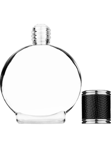 Circle design 50 ml, 1.7oz  clear glass bottle  with reducer and black faux leather cap.