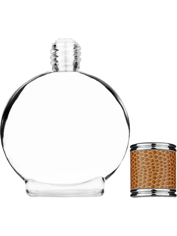 Circle design 50 ml, 1.7oz  clear glass bottle  with reducer and brown faux leather cap.