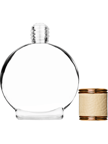 Circle design 50 ml, 1.7oz  clear glass bottle  with reducer and ivory faux leather cap.