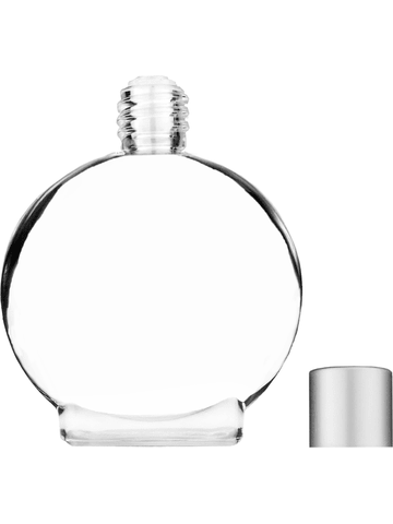 Circle design 50 ml, 1.7oz  clear glass bottle  with reducer and silver matte cap.