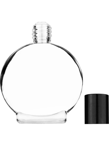Circle design 50 ml, 1.7oz  clear glass bottle  with reducer and tall black shiny cap.