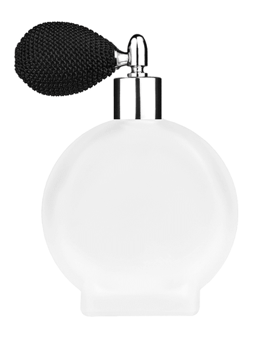 Circle design 100 ml, 3 1/2oz frosted glass bottle with black vintage style bulb sprayer with shiny silver collar cap.
