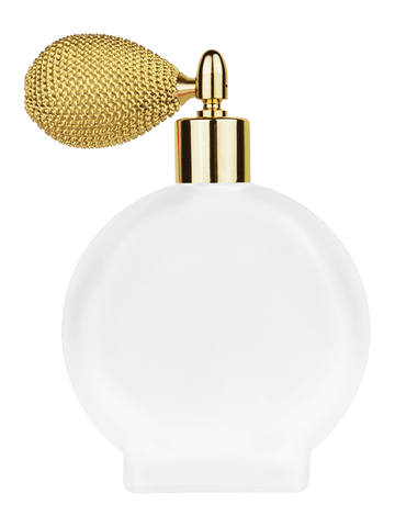 Circle design 100 ml, 3 1/2oz frosted glass bottle with gold vintage style sprayer with shiny gold collar cap.