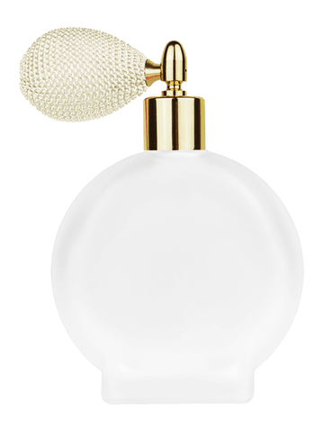 Circle design 100 ml, 3 1/2oz frosted glass bottle with ivory vintage style bulb sprayer with shiny gold collar cap.
