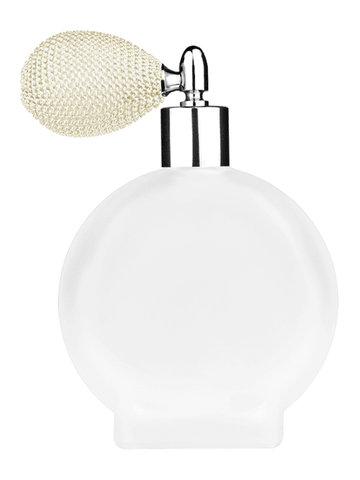 Circle design 100 ml, 3 1/2oz frosted glass bottle with ivory vintage style bulb sprayer with shiny silver collar cap.