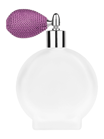 Circle design 100 ml, 3 1/2oz frosted glass bottle with lavender vintage style bulb sprayer with shiny silver collar cap.
