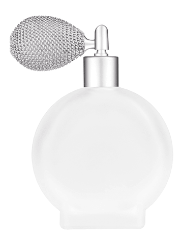 Circle design 100 ml, 3 1/2oz frosted glass bottle with matte silver vintage style sprayer with matte silver collar cap.
