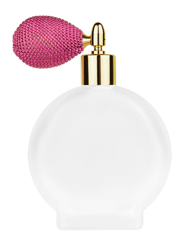 ***OUT OF STOCK***Circle design 100 ml, 3 1/2oz frosted glass bottle with pink vintage style bulb sprayer with shiny gold collar cap.