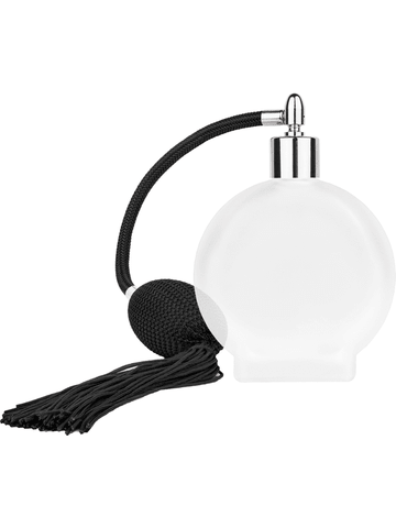 Circle design 100 ml, 3 1/2oz frosted glass bottle with Black vintage style bulb sprayer with tasseland shiny silver collar cap.