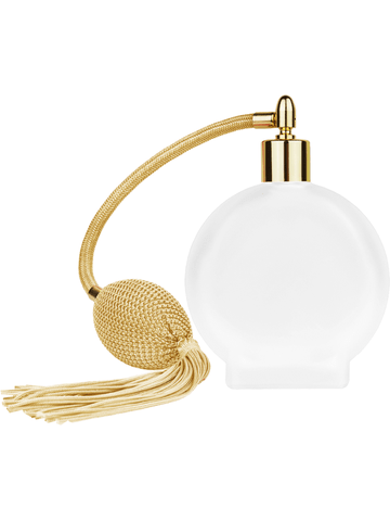 Circle design 100 ml, 3 1/2oz frosted glass bottle with Gold vintage style bulb sprayer with tasseland shiny gold collar cap.
