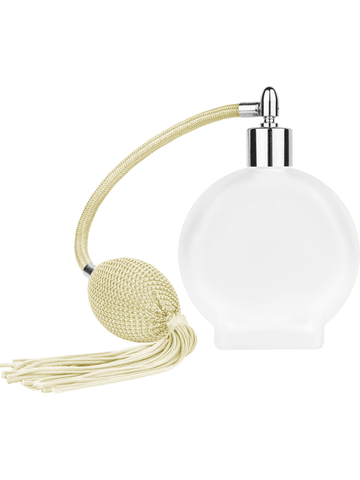 Circle design 100 ml, 3 1/2oz frosted glass bottle with Ivory vintage style bulb sprayer with tassel and shiny silver collar cap.