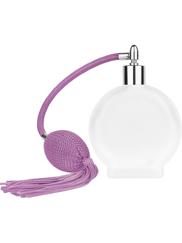 Circle design 100 ml, 3 1/2oz frosted glass bottle with Lavender vintage style bulb sprayer with Tasseland shiny silver collar cap.
