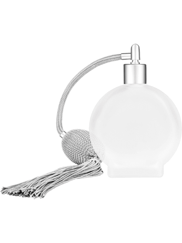 Circle design 100 ml, 3 1/2oz frosted glass bottle with Silver vintage style bulb sprayer with tasseland matte silver collar cap.