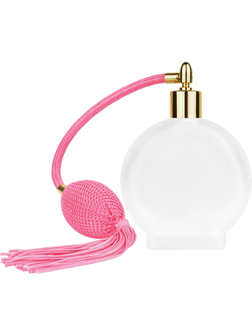 Circle design 100 ml, 3 1/2oz frosted glass bottle with Pink vintage style bulb sprayer with tassel and shiny gold collar cap.