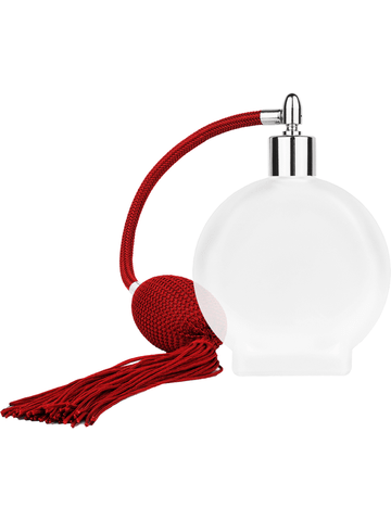 Circle design 100 ml, 3 1/2oz frosted glass bottle with Red vintage style bulb sprayer with tasseland shiny silver collar cap.