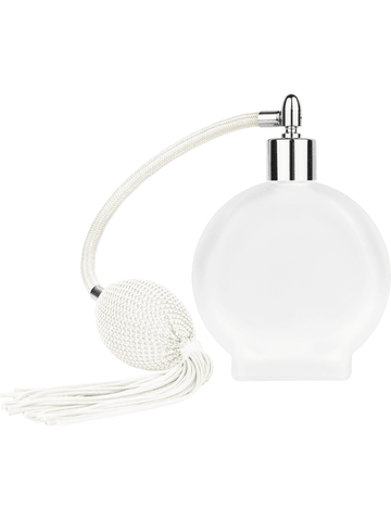 Circle design 100 ml, 3 1/2oz frosted glass bottle with White vintage style bulb sprayer with tasseland shiny silver collar cap.