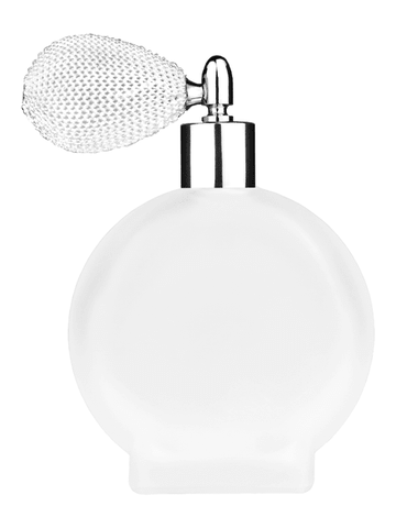 Circle design 100 ml, 3 1/2oz frosted glass bottle with white vintage style bulb sprayer with shiny silver collar cap.