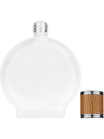 Circle design 100 ml, 3 1/2oz frosted glass bottle with reducer and brown faux leather cap.