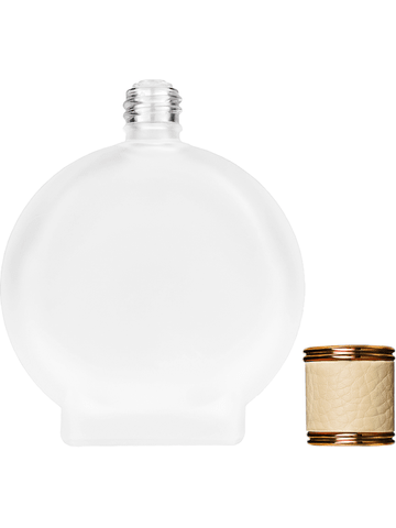 Circle design 100 ml, 3 1/2oz frosted glass bottle with reducer and ivory faux leather cap.