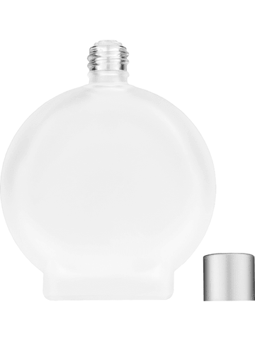 Circle design 100 ml, 3 1/2oz frosted glass bottle with reducer and silver matte cap.