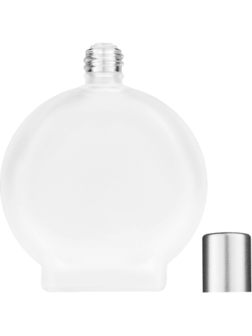 Circle design 100 ml, 3 1/2oz frosted glass bottle with reducer and tall silver matte cap.