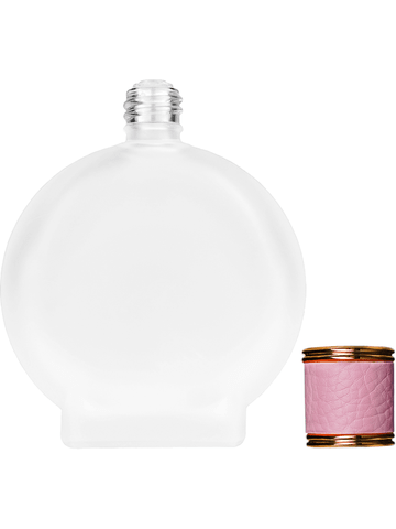 Circle design 100 ml, 3 1/2oz frosted glass bottle with reducer and pink faux leather cap.
