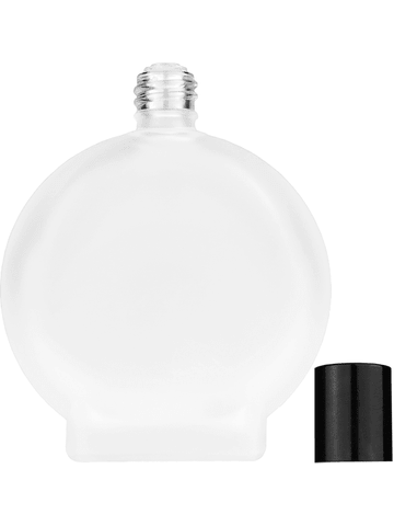 Circle design 100 ml, 3 1/2oz frosted glass bottle with reducer and tall black shiny cap.