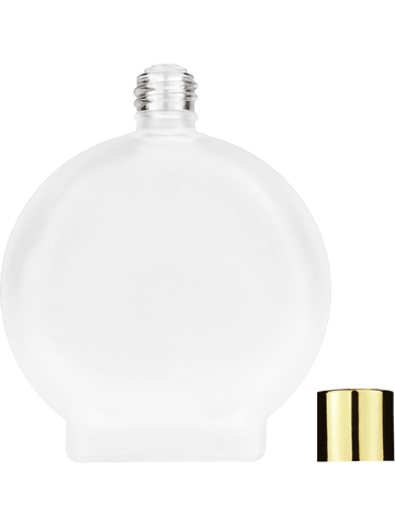 Circle design 100 ml, 3 1/2oz frosted glass bottle with reducer and shiny gold cap.