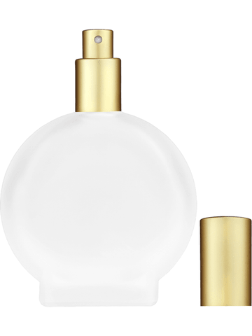 Circle design 100 ml, 3 1/2oz frosted glass bottle with matte gold spray pump.