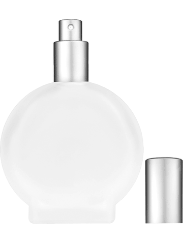 Circle design 100 ml, 3 1/2oz frosted glass bottle with matte silver spray pump.