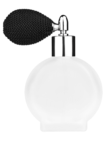 Circle design 50 ml, 1.7oz  frosted glass bottle with  black vintage style bulb sprayer with shiny silver collar cap.