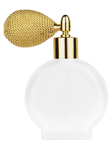 Circle design 50 ml, 1.7oz  frosted glass bottle with  gold vintage style sprayer with shiny gold collar cap.